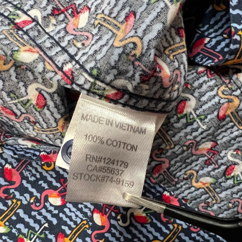 Johnston & Murphy Men's Large Flamingo Print Cotton Short Sleeve Shirt Navy - Picture 7 of 8